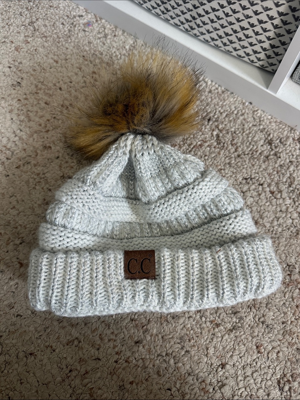 C.C Kids Light Cream Knit Beanie with Brown Faux Fur Pom